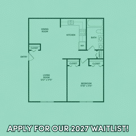 Floor plan for 1 bed, 1 bath, 625 sqft